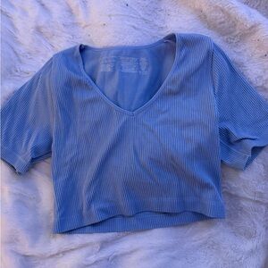 Blue Ribbed V-Neck Women's Top